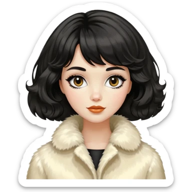Alluring 1960's mod French girl french shiny black wavy textured bob haircut tousled hair wearing cream fur coat sticker