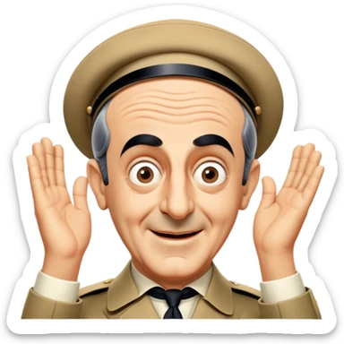 Icon for Comedy Movie: A vintage movie poster-style design with a humorous scene—Louis de Funès in his iconic comedic pose, exaggerated facial expression, and wide-open eyes. Include a slapstick element like falling over or interacting with a funny prop. Retro cinematic feel. Transparent background. sticker