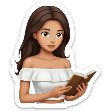 Beautiful woman in 1950’s woman fashion look, off-shoulder white shirts crop top, long dark brown hair, reading sticker