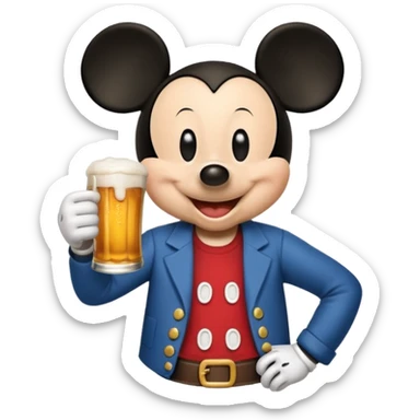 Mickey Mouse holding a beer sticker