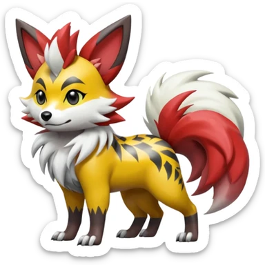 Gren-Yellow-Mango-Gradients-colored Lycanroc-Furret-Zorua-Poochyena-fusion, full body, with black and white edgy markings patterns sticker