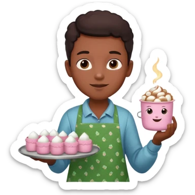 A young black vendor boy with pink cheeks, holding a tray of marshmallow-topped cocoa wearign green patterned apron sticker
