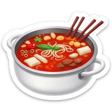 Chongqing hotpot with red spicy broth and ingredients, simplified emoji style with bold outlines and bright colors, cartoon style Chinese hot pot sticker
