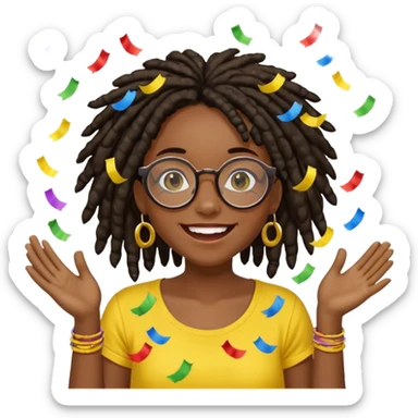 darker skin female with dark dreadlock hair wearing large round glasses and a yellow top celebrating with confetti sticker