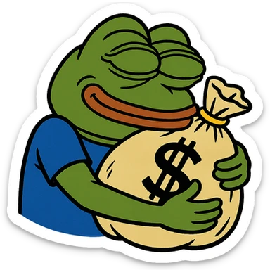 Pepe the Frog hugging a large money bag, content face sticker