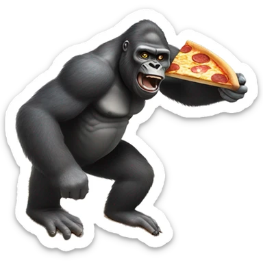 Gorilla riding surfboard while eating pizza sticker