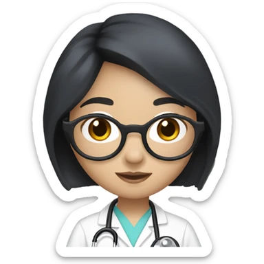 Asian girl, with white skin tone, black hair, wearing silver round harry potter glasses and a white scrub and a stethoscope  sticker