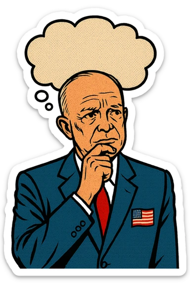 US President Eisenhower facing forward thinking about something.  He is wearing a blue suit with the US flag badge on his chest sticker