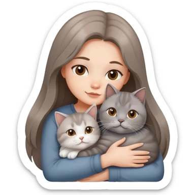 A long-haired girl hugs a British shorthair cat with a brown and white gradient sticker