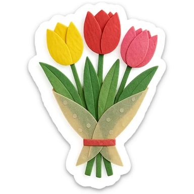 close-up of a tulip bouquet, fine paper edges, vivid pink, yellow, and red tulips, decorative wrapping sticker