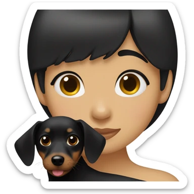 Asian woman with black bob bangs hugging black dachshund sticker