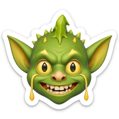 cheddar goblin, green skin and ears, underbite, cheese dripping from mouth, yellow eyes, pointy nose sticker
