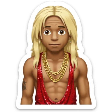 Lil Wayne with long blonde hair, red sequin baggy pants, shirtless with necklace sticker