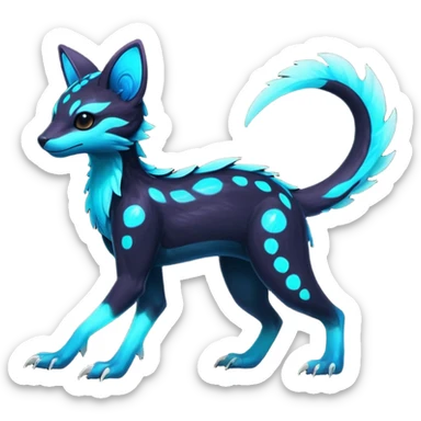 Rare realistic dark-neon glowing bioluminescent edgy badass epic pretty beautiful handsome gorgeous aesthetic colorful vibrant Vernid-Trico-species-Fakemon-creature by LiLaiRa, 4 legs, 1 tail, random markings, (full body) sticker