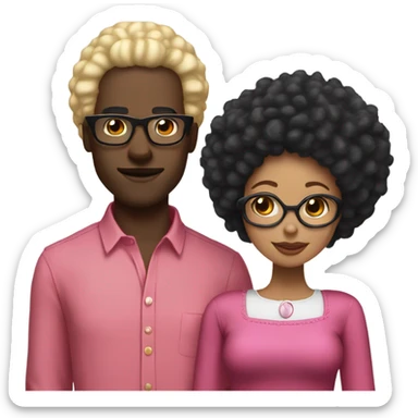 “black man with black afro and glasses and wearing a long sleeved red shirt standing next to a white woman with long blonde hair and wearing a pink dress sticker