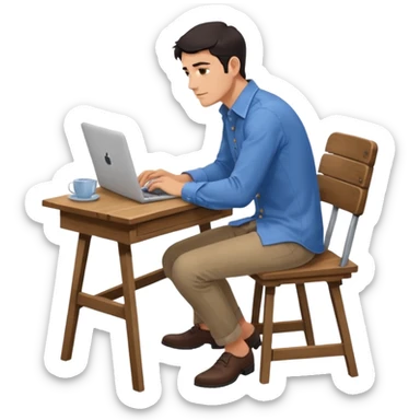 Rich man sitting on a chair, working at desk, looking to laptop in office, in shirt, dark hair, he is german very beautiful looks like, full body view sticker