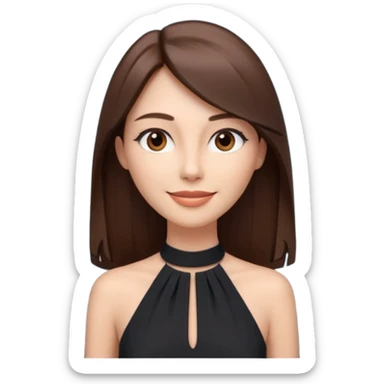 emoji-style illustration of a stylish pretty happpy woman with long straight brown hair, wearing a dark halter neck dress, elegant and minimalistic look, front-facing, soft 3D cartoon rendering, plain background sticker