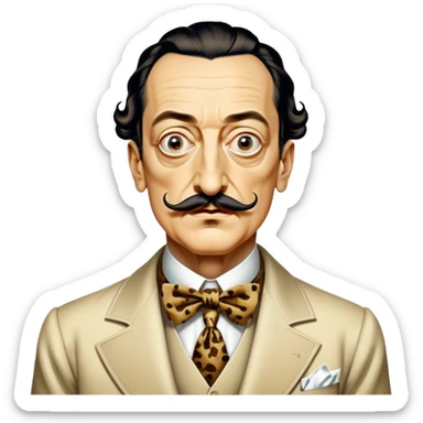 Cinematic Realistic portrait of Salvador Dalí, depicted as a surrealist artist with eccentric, expressive features and his iconic mustache, rendered with vibrant, imaginative lighting and richly detailed period attire that capture his avant-garde essence. sticker