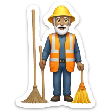 Old man wearing safety vest with a broom sticker