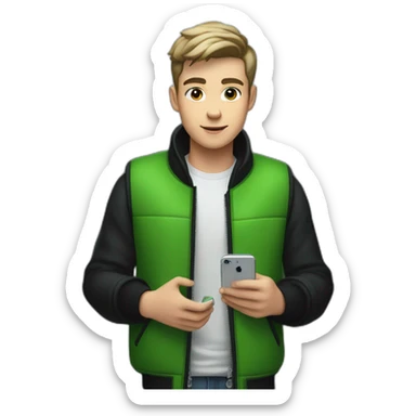 A 20-year-old boy with very short hair in a black jacket and vest stands in a green elevator, holding a white iPhone 14pro in his hand. sticker