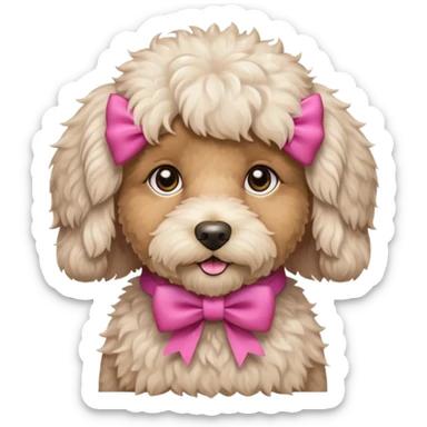 white fluffy labradoodle with light brown eyes and pink bow sticker