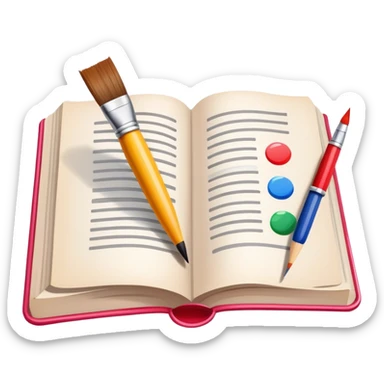 icon for Illustration hobbie, paintbrush and pencil under book's illustrated page, there's a colourful picture on the page, simple lines, minimalistic style, transparent background. sticker