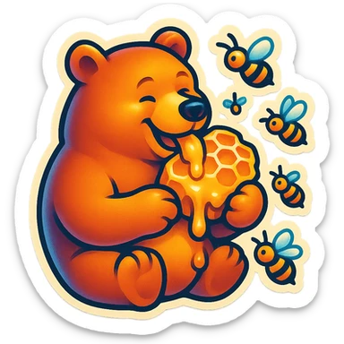 bear eating honeycomb with bees flying around sticker