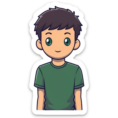 man with dark messy short hair, dark green eyes, wearing a gray t-shirt sticker