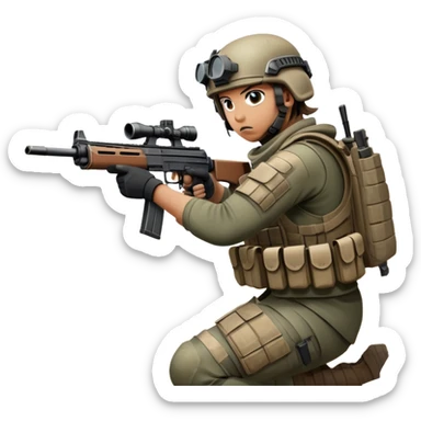 A skilled airsoft player in tactical gear, aiming a gun and shooting metal BBs in a desolate, ruined landscape. The setting is filled with broken walls and debris, creating a tense atmosphere of strategy and precision in a high-stakes tactical environment sticker
