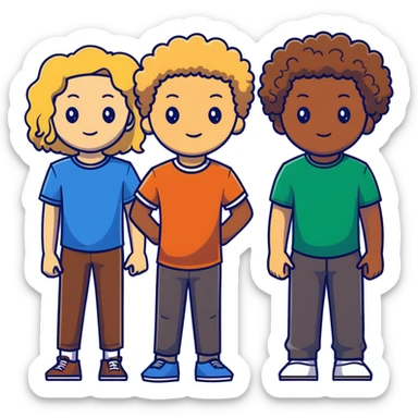 Group of diverse friends standing together, including a dark-skinned boy, a light-skinned blonde boy, a light-skinned girl with dark hair, a mixed-race girl with brown hair, a light-skinned person with curly hair, a mixed-race person with dark curly hair, and in the center a mixed-race person with wavy hair sticker