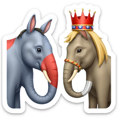 Democratic Party elephant facing Republican Party donkey with King Trump inbetween sticker