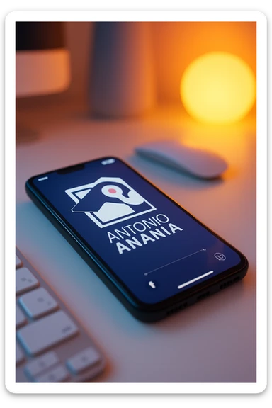 A photo of an iPhone on the desk with the logo of "Antonio Anania" on its screen, The phone sits atop a desk with a blurred with the logo in the background that suggests work environment. A faint glow from above casts gentle shadows across the surface of each object, creating depth and highlighting their textures sticker