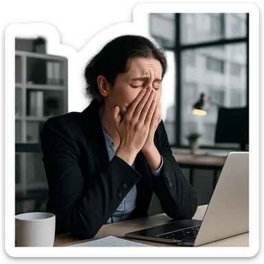 office worker crying while working, modern office setting, emotional expression, professional attire, digital workspace, stressed atmosphere sticker