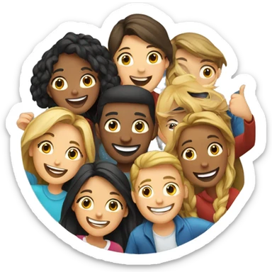 Group of happy people taking selfie. In a circle shape sticker