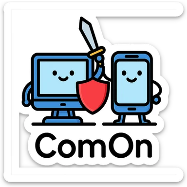 A computer and a phone depicted as allies or fighters for the ComOn service, working together seamlessly sticker