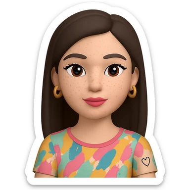 Change the skin to white, add freckles on the cheeks and nose, and ensure the hair is straight, keeping the rest the same. The subject is a female Memoji with an oval face, elegant makeup, long dark brown hair, colorful top, and a small visible tattoo on the arm. Maintain the transparent background. sticker