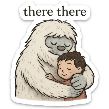 Reduce the file size to be smaller than 1MB, keep the background transparent, and preserve the 'there there' text through the head of the Abominable Snowman hugging the much smaller kid. Maintain the original style and details. sticker