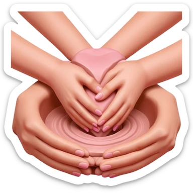 hands gently hugging a pink clay mound to maintain moisture and prevent cracks, palm hug pottery technique sticker