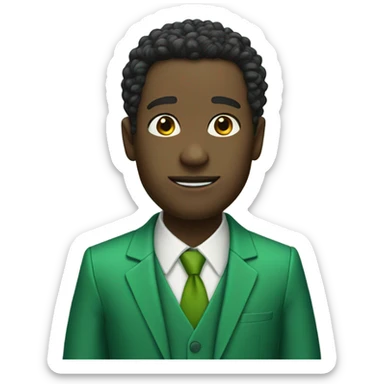 Black man wearing a green suit with hair that look like the letter v sticker