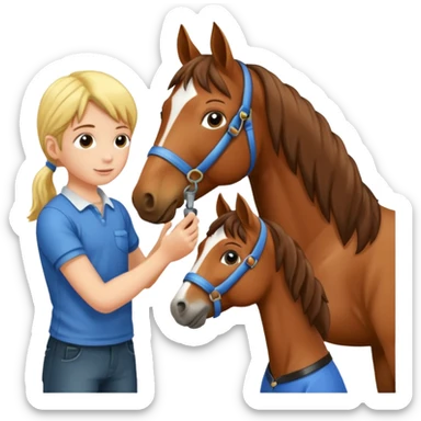 two children grooming a horse] sticker