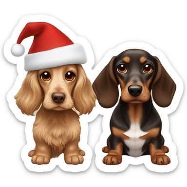 beige cocker spaniel and dark brown dachshund in christmas hats sticker