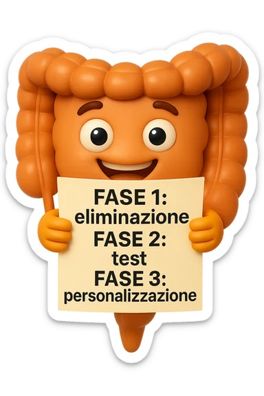 emoji stile iphone 3d di un intestino che tiene in mano un foglio con la scritta "FASE 1: eliminazione, FASE 2: test, FASE 3: personalizzazione, IPERREALISTICO 4K sticker