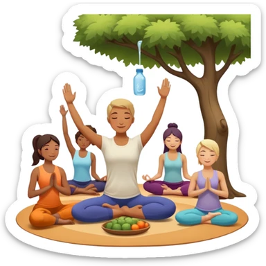 A person moves through a gentle yoga pose in the morning sun, one hand reaching up, the other near a plate of vibrant whole foods and a bottle of water. A cozy bed sits behind them, glowing softly. Nearby, a small group of friends laughs together under a tree—health, movement, nourishment, rest,  sticker