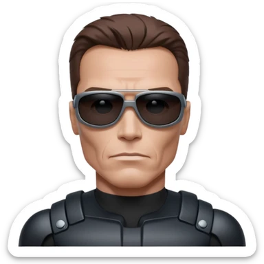 Schwarzenegger-like Terminator, upper body only, wearing his iconic clothes in black (all clothes must be black), looking more human with minimal robotic details, and wearing dark sunglasses, view from the side sticker