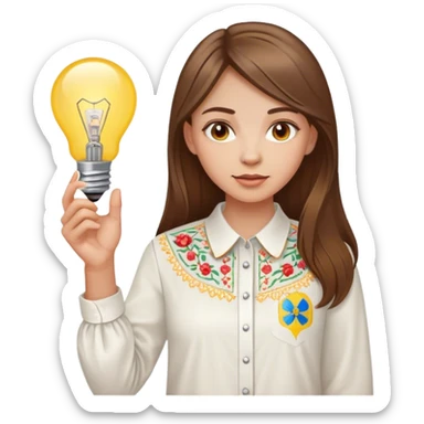 A Ukrainian girl with brown hair in an embroidered shirt holds a light bulb sticker