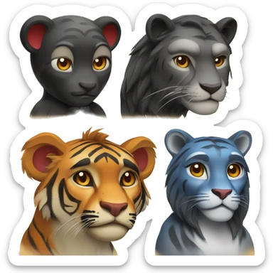Create an emoji set of four main characters: a monkey, a tiger, a cat and a lioness. The main color is black, and the detail colors are: red for the tiger, blue for the cat, gold for the lioness, orange for the monkey sticker