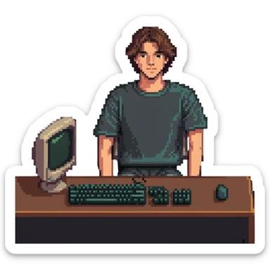 Young man sitting at an old school desktop computer with large monitor and keyboard sticker
