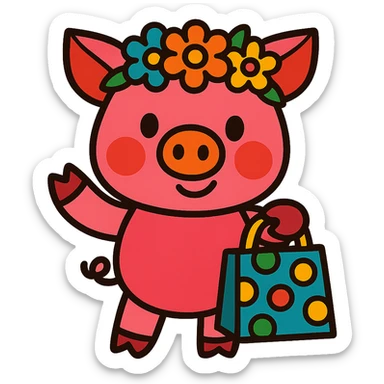 piglet with flower crown and gift bag, vibrant-toon style sticker