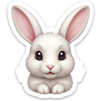 Cinematic Cute White Rabbit Portrait Emoji, Head tilted playfully and inquisitively, featuring a luxurious, silky white fur with soft, twitching ears, round, sparkling dark eyes filled with curiosity, Simplified yet irresistibly adorable features, highly detailed, glowing with a warm, friendly glow, high shine, affectionate and lively, stylized with a touch of whimsy, bright and endearing, soft glowing outline, capturing the essence of a mischievous yet loving bunny, so playful it feels like it could hop out of the screen and into your arms! sticker