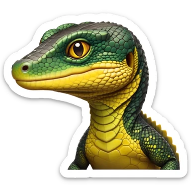 cinematic-realistic-cute-monitor-lizard-portrait-emoji,-head-tilted-playfully-and-inquisitively,-featuring-a-compact,-agile-body-with-finely-detailed,-glossy-scales-in-earthy-black and yellow-hues-and-a-distinct,-alert-face-with-bright,-curious-eyes, black , yellow spotted and green band  scales and a slender neck sticker